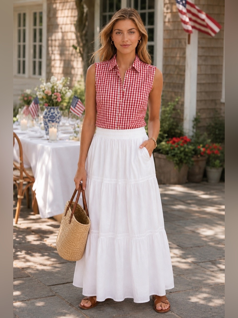 Gingham Blouse 18 Lands End Like New Red and White Americana - Picture 1 of 9
